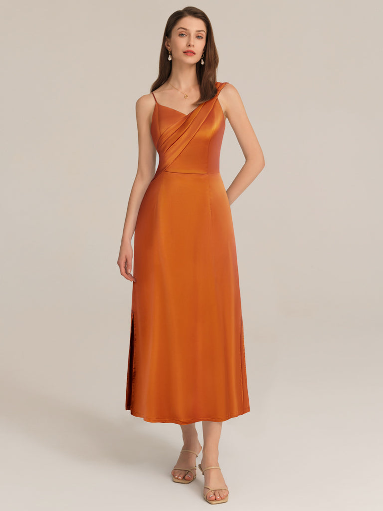 Satin Side Slit Asymmetric Straps Dress Satin Side Slit Asymmetric Straps Dress