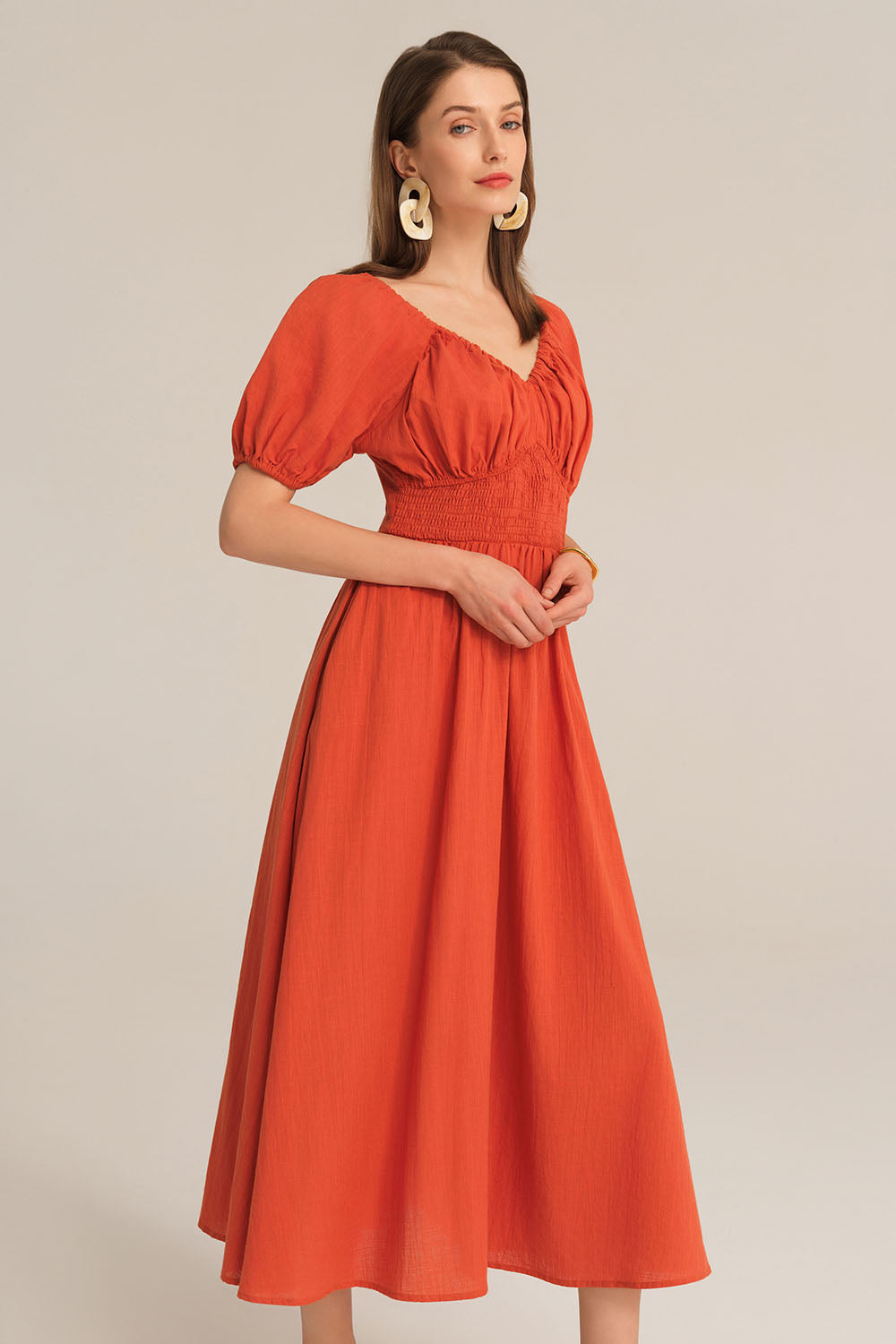 Casual Short Sleeve V-Neck Cotton Smocked Waist Dress