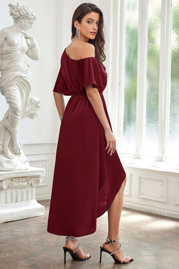 GK Women Wrap Hem Party Dress 1/2 Sleeve One-Shoulder Elastic Waist A-Line DressPlease check the measurements below and choose the right size. Size(cm) US UK DE Recommended Body size Garment Measurement Bust Waist Length Sleeve Length S 4~6 8~10 34~36 85~