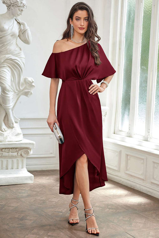 GK Women Wrap Hem Party Dress 1/2 Sleeve One-Shoulder Elastic Waist A-Line DressPlease check the measurements below and choose the right size. Size(cm) US UK DE Recommended Body size Garment Measurement Bust Waist Length Sleeve Length S 4~6 8~10 34~36 85~