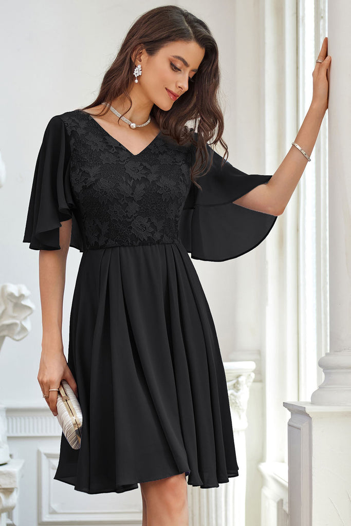 GK Women Lace Patchwork Dress Cape Sleeve V-Neck Flared A-Line DressPlease check the measurements below and choose the right size. US UK DE General Size Recommended Body size(cm) Garment Measurement Bust Waist Hips Back Length Sleeve Length 6 8 36 S 85~88